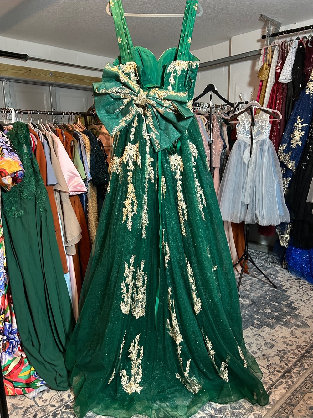 Emerald Green Embroidered Tulle Evening Gown